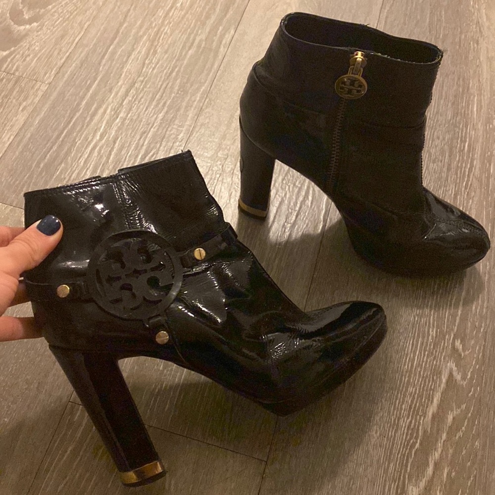 tory burch patent leather black booties